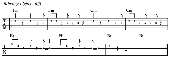 Blinding Lights chords and TAB, main riff.