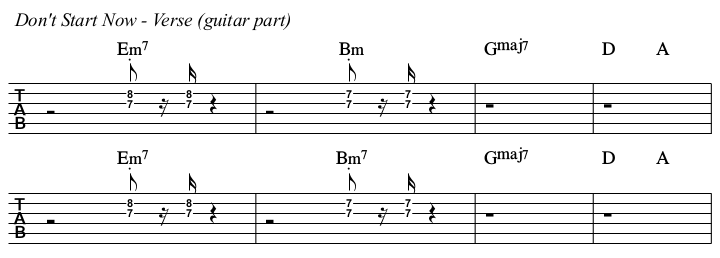 Don't Start Now chords and TAB, verse guitar idea.