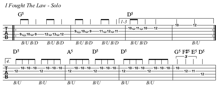 I Fought The Law chords and TAB, solo.