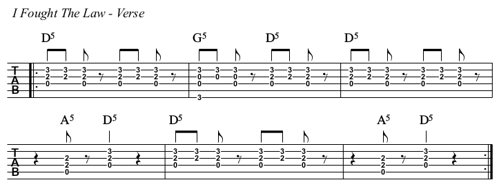 I Fought The Law chords and TAB, verse.