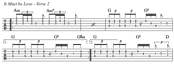It Must Be Love chords and TAB, verse 2.
