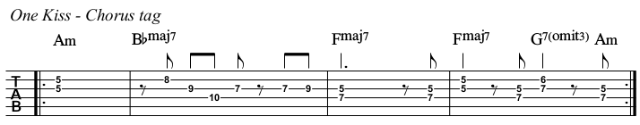 One Kiss chords and TAB, chorus tag.
