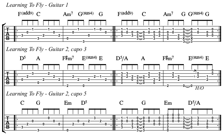 Learning To Fly chords and TAB, three guitars layered.