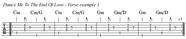 Dance Me To The End Of Love chords and TAB, example 1 first half.