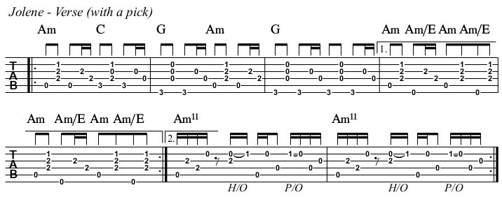 Jolene chords and TAB, verse.