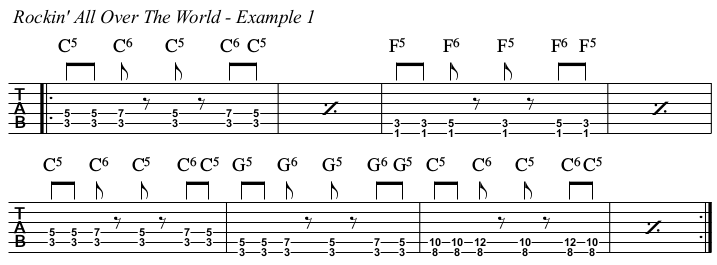 Rockin' All Over The World chords and TAB, example 1.