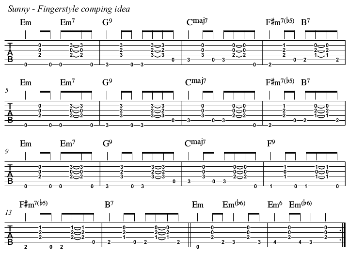 Sunny chords and TAB, key of Em.