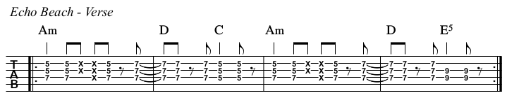 Echo Beach chords and TAB, verse.