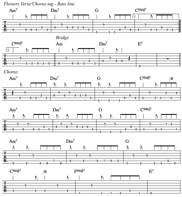 Flowers chords and TAB, bass line.