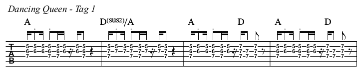 Dancing Queen chords and TAB, tag 1.