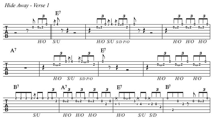 Hide Away chords and TAB, verse 1 - no honky tonk.