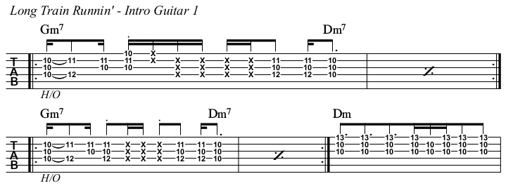 Long Train Runnin’ chords and TAB, guitar 1 intro.