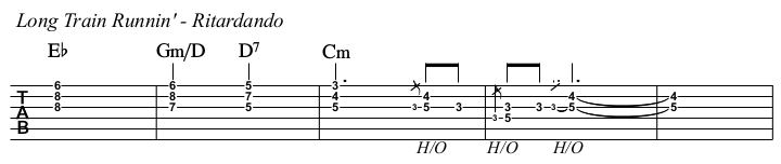 Long Train Runnin’ chords and TAB, ritardando.