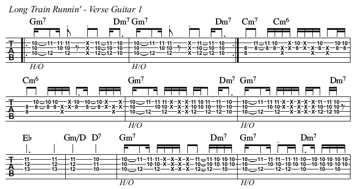 Long Train Runnin’ chords and TAB, guitar 1 verse.