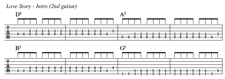 Love Story chords and TAB, intro 2nd guitar.
