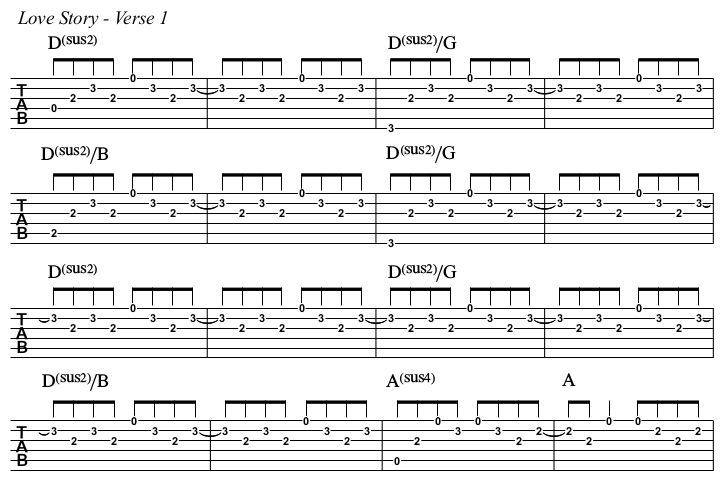 Love Story chords and TAB, verse 1.